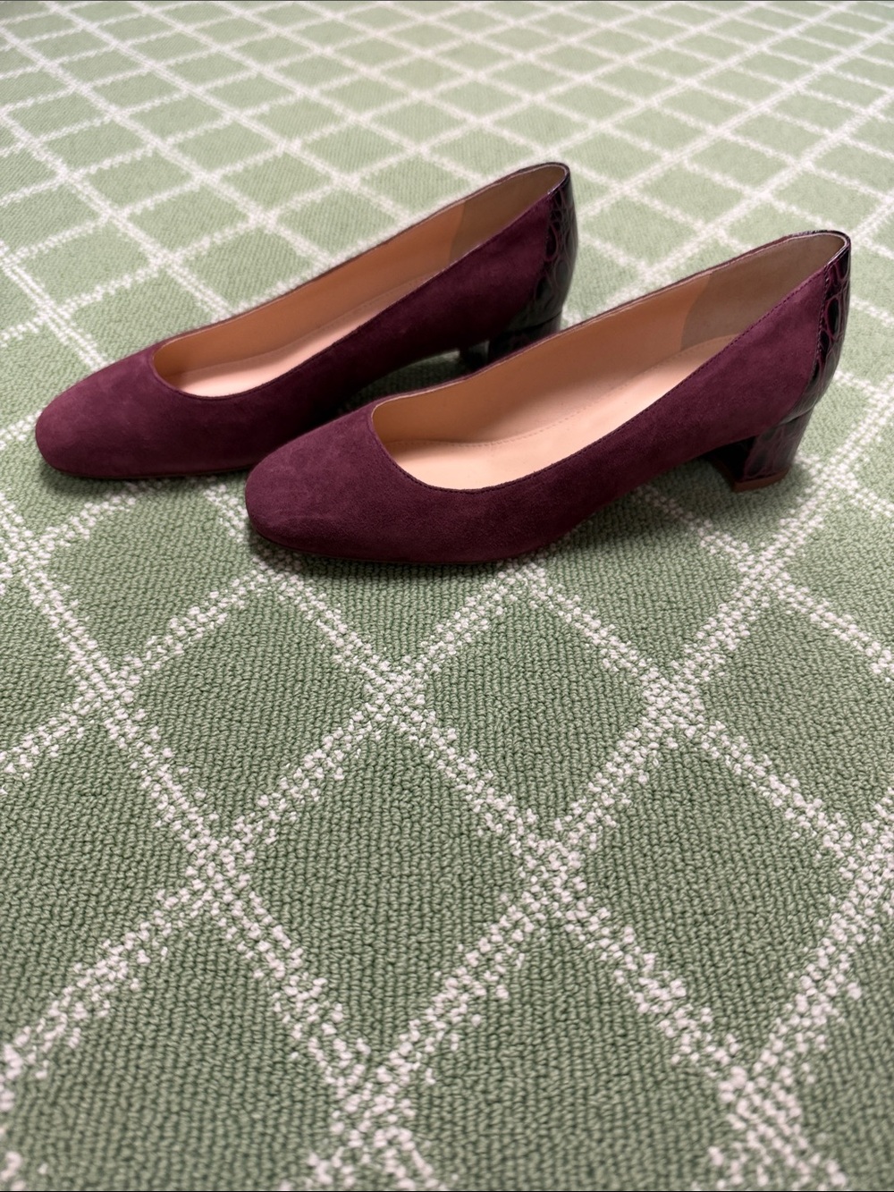 J Crew plum colored suede pumps.